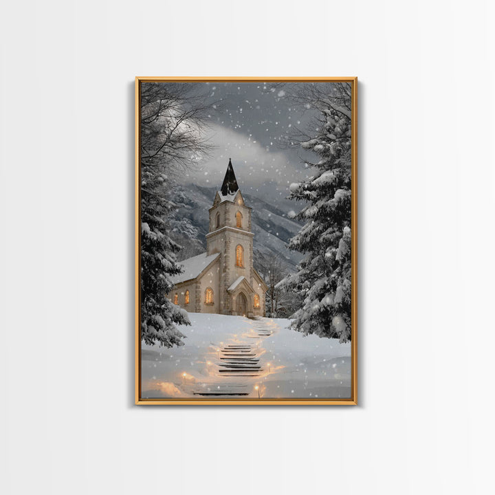 Snowfall Chapel – Framed Canvas Print – Christmas Wall Art – Christian Christmas Art – Framed Christmas Art – Christmas Art Work – Christia