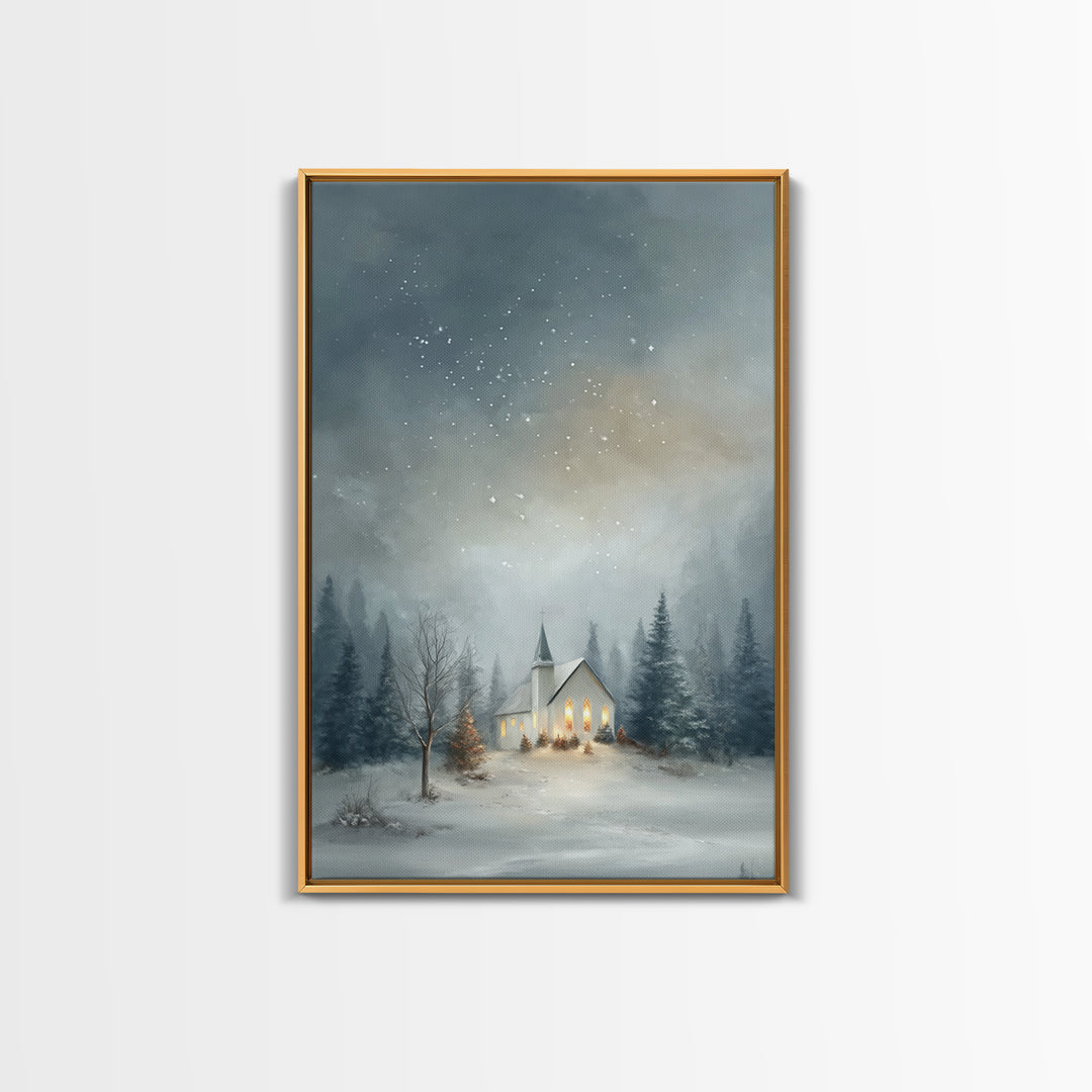 Starry Night Chapel – Framed Canvas Print – Christian Christmas Art – Christmas Canvas Wall Art – Framed Christmas Wall Art – Modern Christ