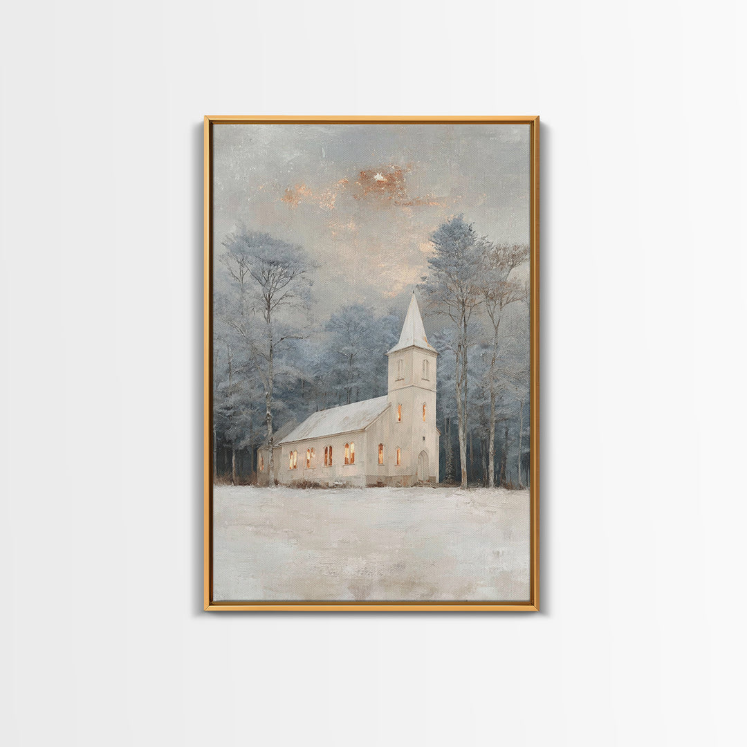 Frosted Chapel – Framed Canvas Print – Christian Wall Art – Christian Christmas Art – White Christmas Art – Christmas Canvas Wall Art – Chr
