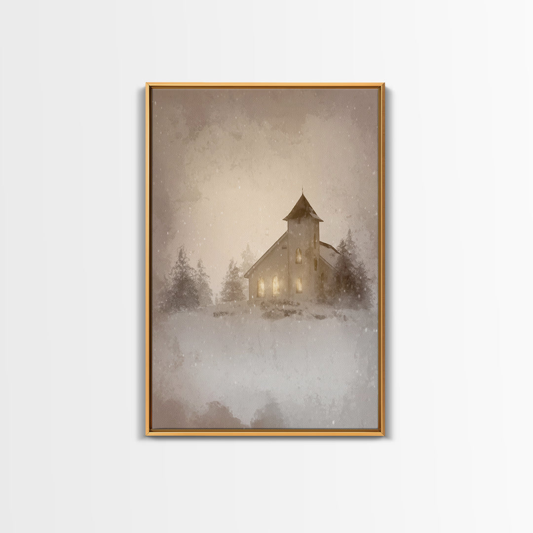 Silent Chapel Glow, Framed Canvas Print, Christian Wall Art, Christian Art Canvas, Christmas Art, Christian Holiday Art