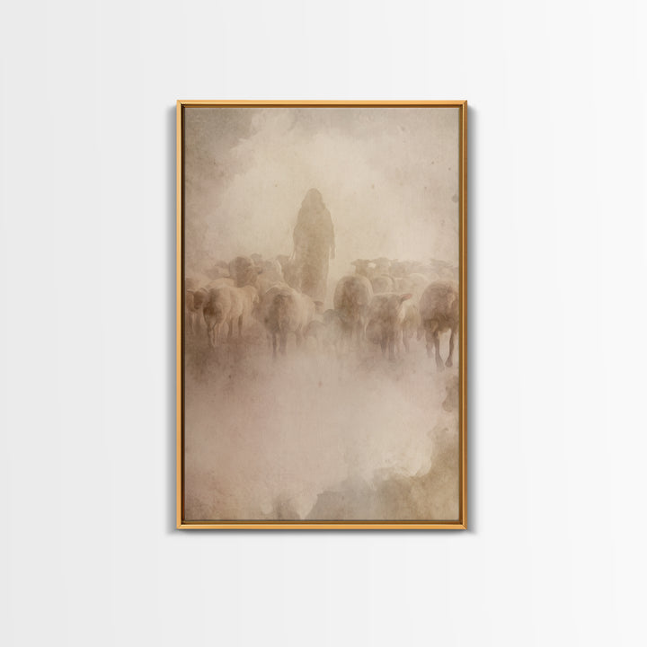 Shepherd In Haze | Framed Canvas Print | Christian Wall Art | Jesus Painting | Christian Art Canvas | Vintage Christian Art