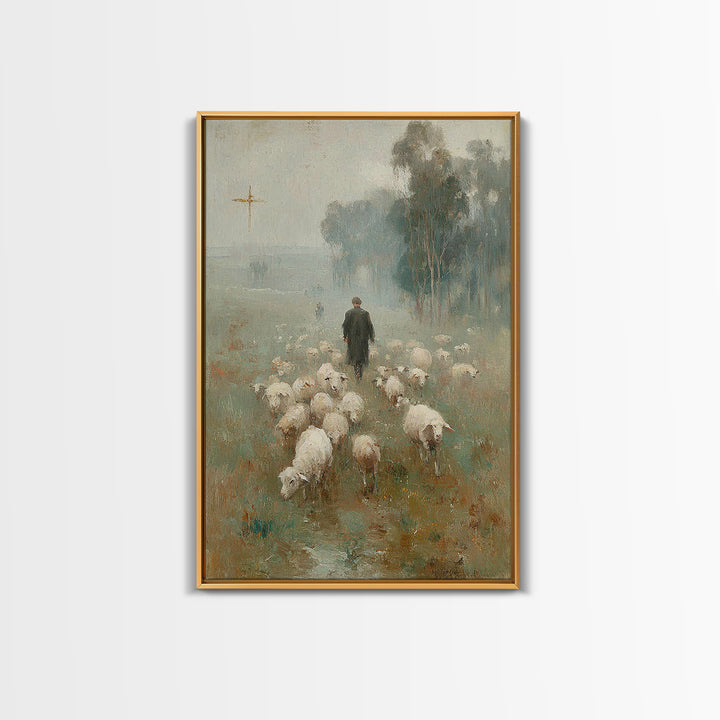 Misty Pasture Walk, Framed Canvas Print, Christian Wall Art, Christian Art Canvas, Jesus Painting, Christian Gift