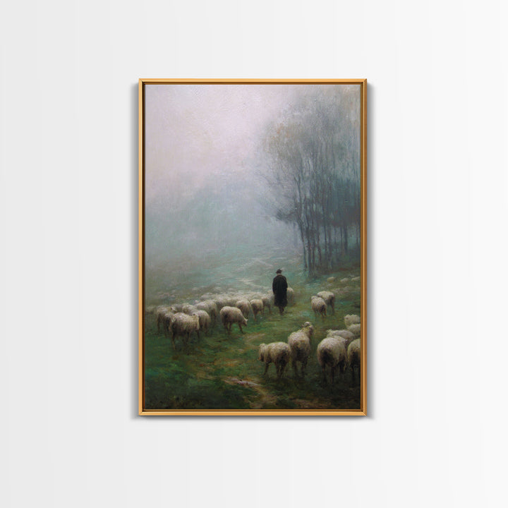 Misty Shepherd Field – Framed Canvas Print – Christian Art Canvas – Christian Wall Art – Pastoral Scenery – Moody Christian Art