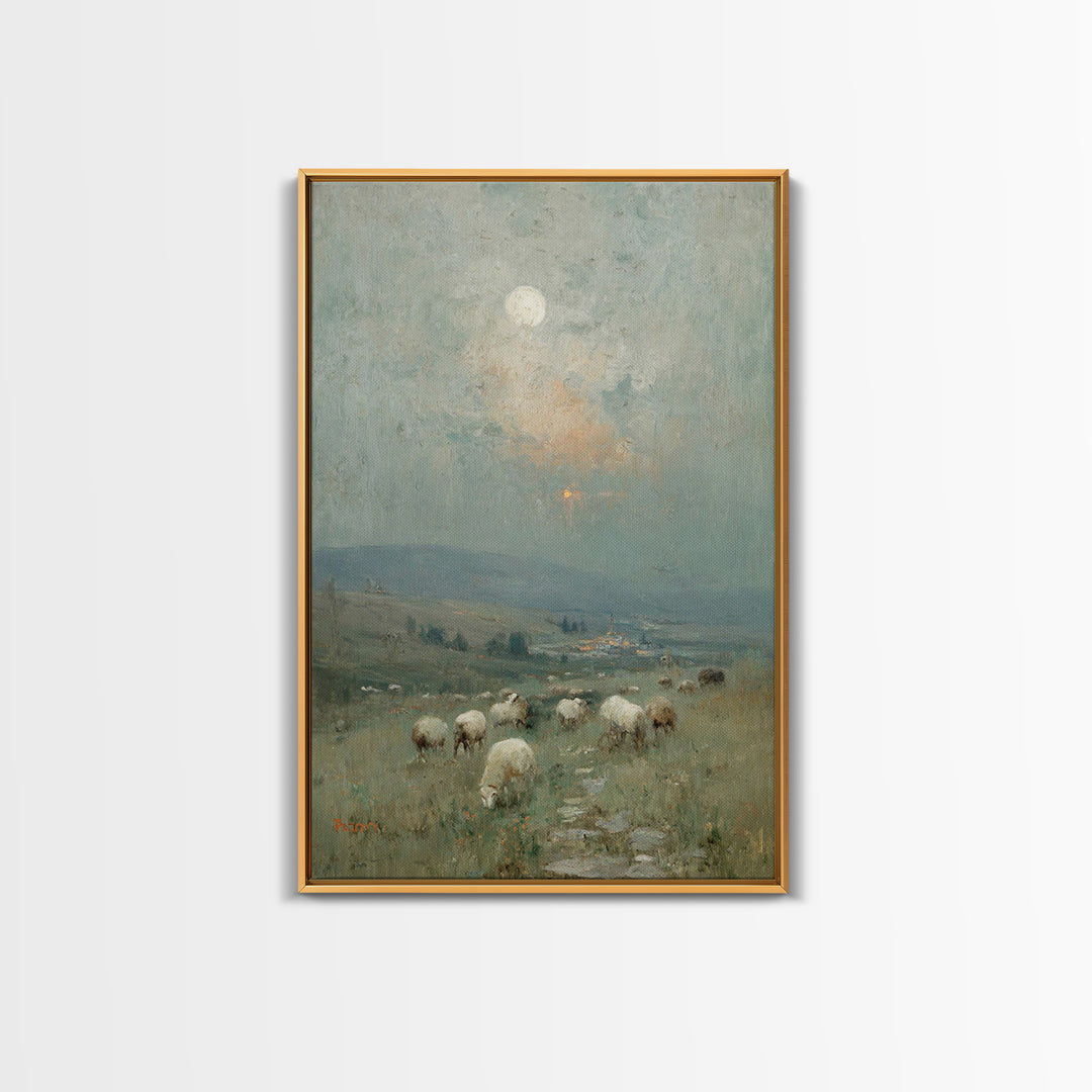 Moonlit Pasture Peace, Framed Canvas Print, Christian Art Canvas, Christian Wall Art, Vintage Christian Art, Christian Painting