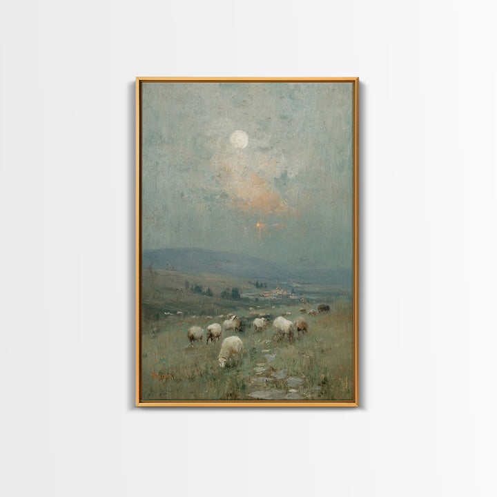 Moonlit Pasture Peace, Framed Canvas Print, Christian Art Canvas, Christian Wall Art, Vintage Christian Art, Christian Painting