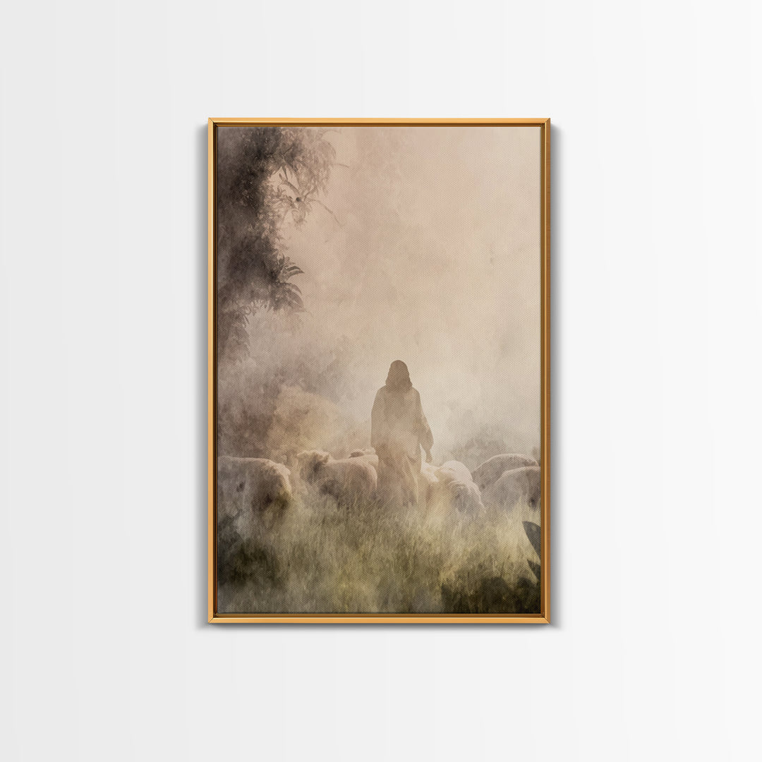 Shepherd In Light – Framed Canvas Print – Christian Wall Art – Christian Art Canvas – Moody Christian Art – Jesus Painting – Christian Gift