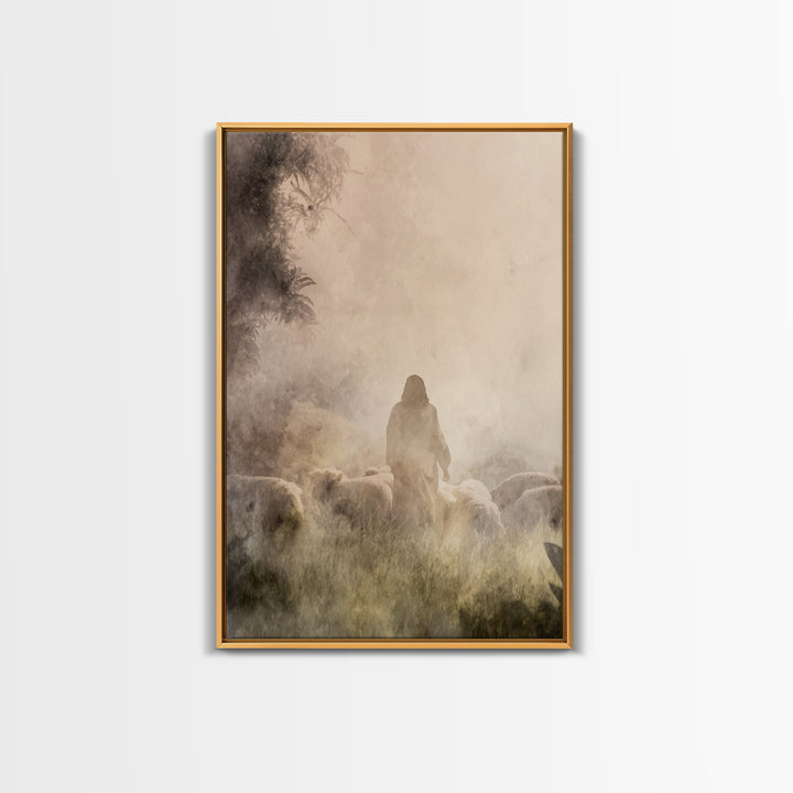 Shepherd In Light – Framed Canvas Print – Christian Wall Art – Christian Art Canvas – Moody Christian Art – Jesus Painting – Christian Gift