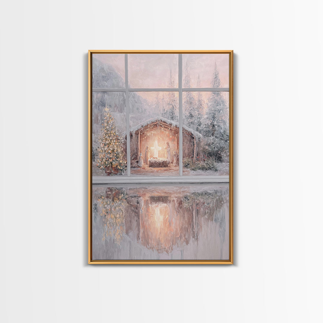 Winter Nativity Glow – Framed Canvas Print – Christmas Wall Art – Christian Christmas Art – Christmas Art Prints – Christian Decor – Framed