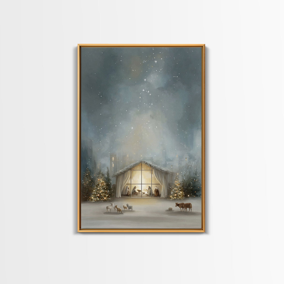 Starry Bethlehem Night – Framed Canvas Print – Christian Christmas Art – Christmas Wall Art – Modern Christmas Art – Christmas Art Prints –