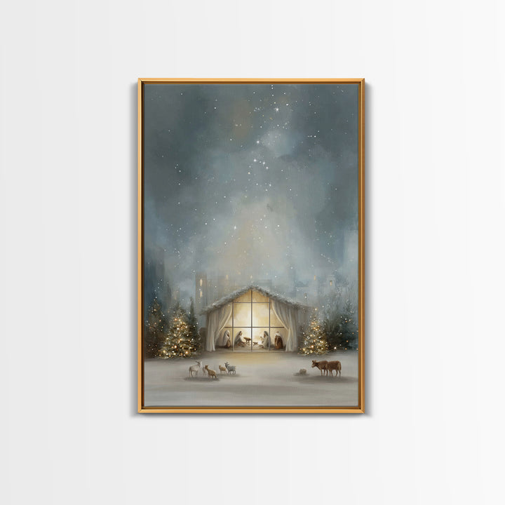 Starry Bethlehem Night – Framed Canvas Print – Christian Christmas Art – Christmas Wall Art – Modern Christmas Art – Christmas Art Prints –