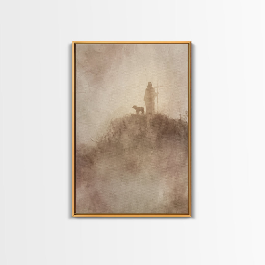 Silent Mist Journey – Framed Canvas Print – Jesus Painting – Christian Art Canvas – Christian Wall Art – Minimalist Christian Art