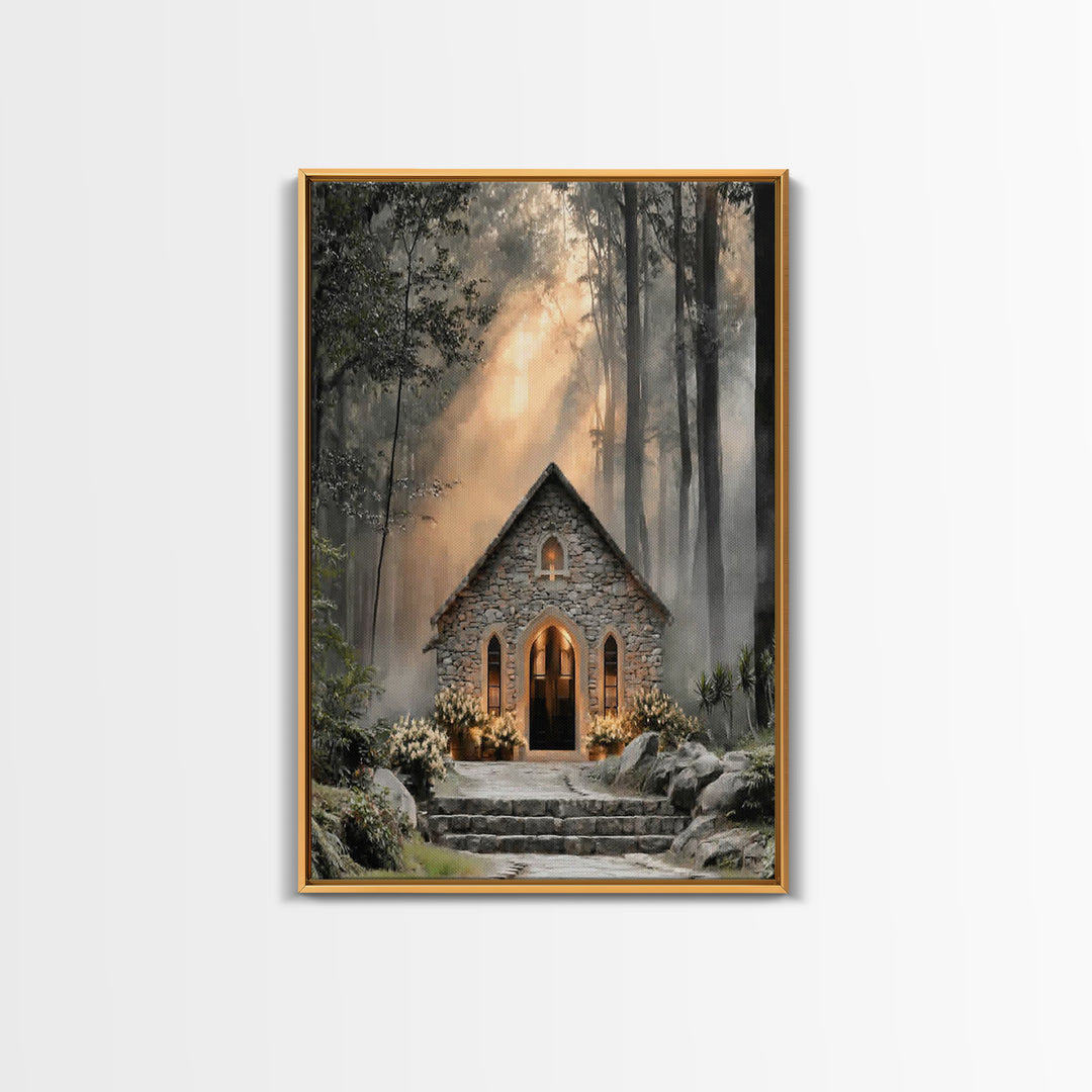 Stone Chapel Light – Framed Canvas Print – Christian Wall Art – Christian Art Canvas – Christian Decor – Moody Christian Art