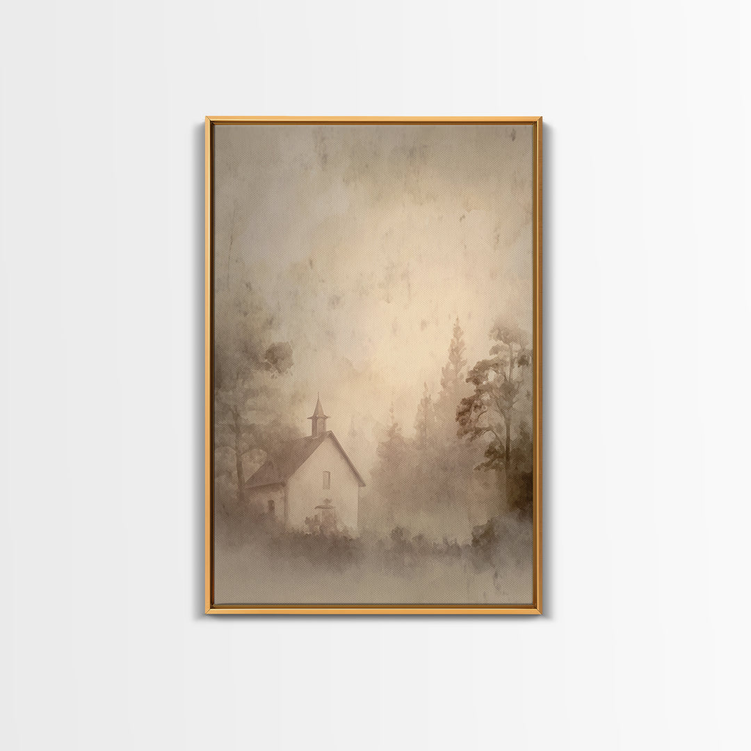 Misty Dawn Chapel – Framed Canvas Print – Christian Art Print – Christian Wall Art – Vintage Christian Art – Christian Christmas Art – Chri