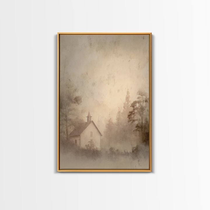 Misty Dawn Chapel – Framed Canvas Print – Christian Art Print – Christian Wall Art – Vintage Christian Art – Christian Christmas Art – Chri