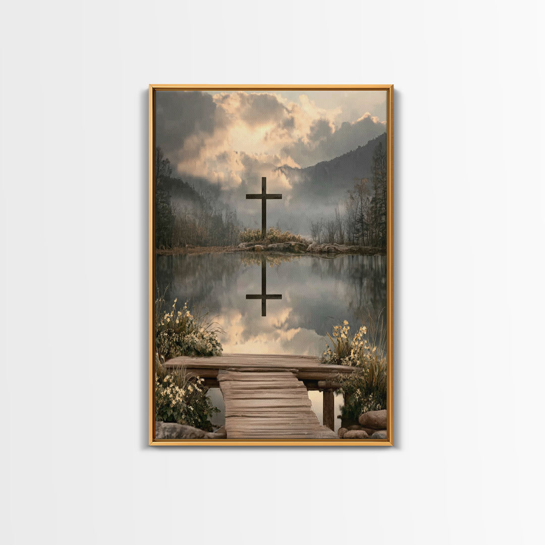Mountain Dawn Cross – Framed Canvas Print – Christian Wall Art – Christian Art Canvas – Christian Christmas Art – Subtle Christian Art – Ch