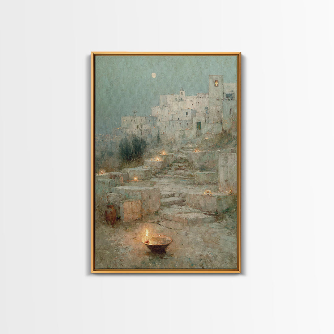 Moonlit Holy City – Framed Canvas Print – Christian Wall Art – Christmas Art Framed – Christian Art Canvas – Vintage Christian Art – Christ