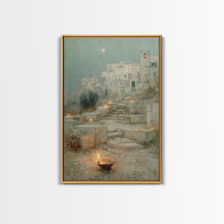 Moonlit Holy City – Framed Canvas Print – Christian Wall Art – Christmas Art Framed – Christian Art Canvas – Vintage Christian Art – Christ