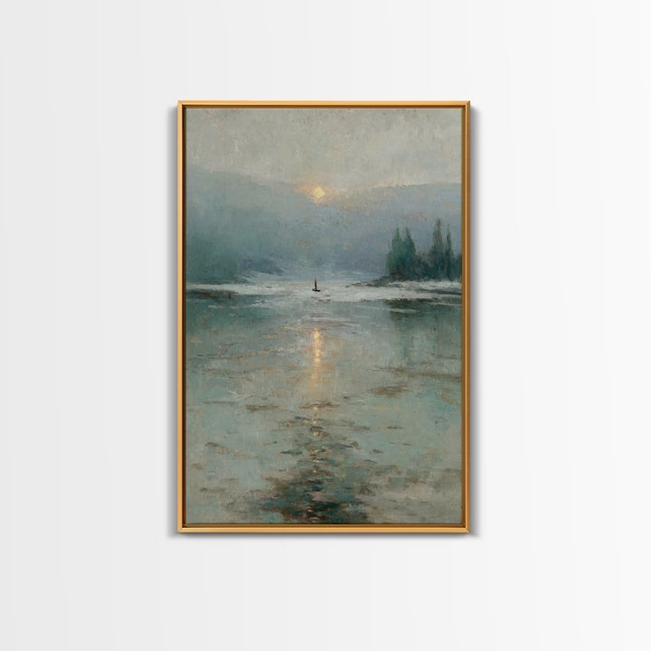 Silent Lake Dawn – Framed Canvas Print – Christian Art Print – Christian Wall Art – Vintage Christian Art – Blue Christian Art – Christian