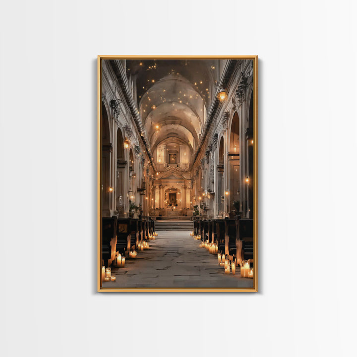 Golden Chapel Glow, Framed Canvas Print, Christian Art Canvas, Christian Wall Art, Moody Christian Art, Christian Decor, Christmas Art Prin