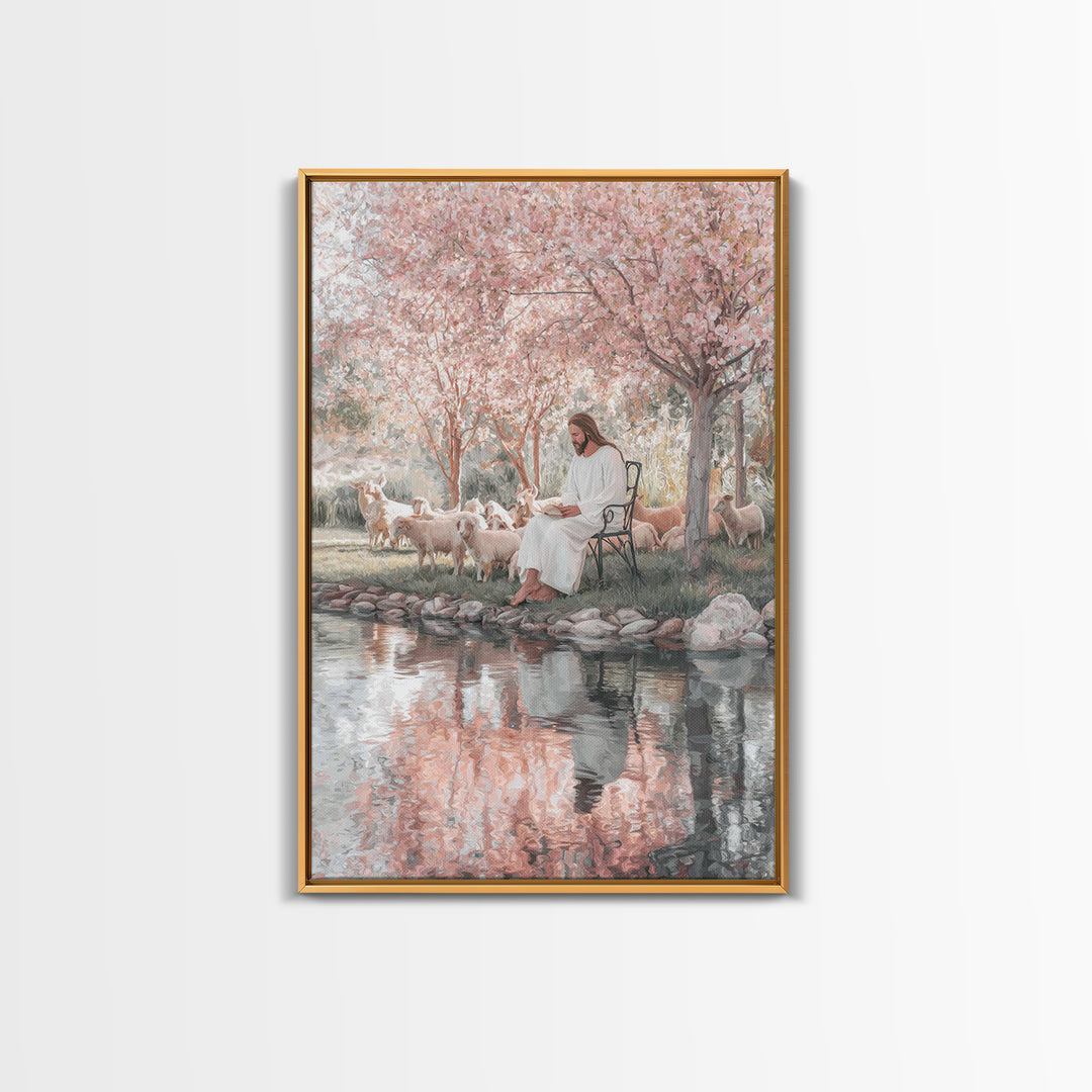 Christ By The Blossoms, Framed Canvas Print, Jesus Art Print, Christian Wall Art, Christian Art Canvas, Christian Decor, Subtle Christian A