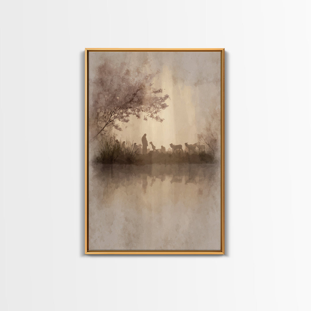 Gentle Shepherd Light | Framed Canvas Print | Christian Wall Art | Christian Art Canvas | Pastoral Scenery | Minimalist Christian Art | Chr