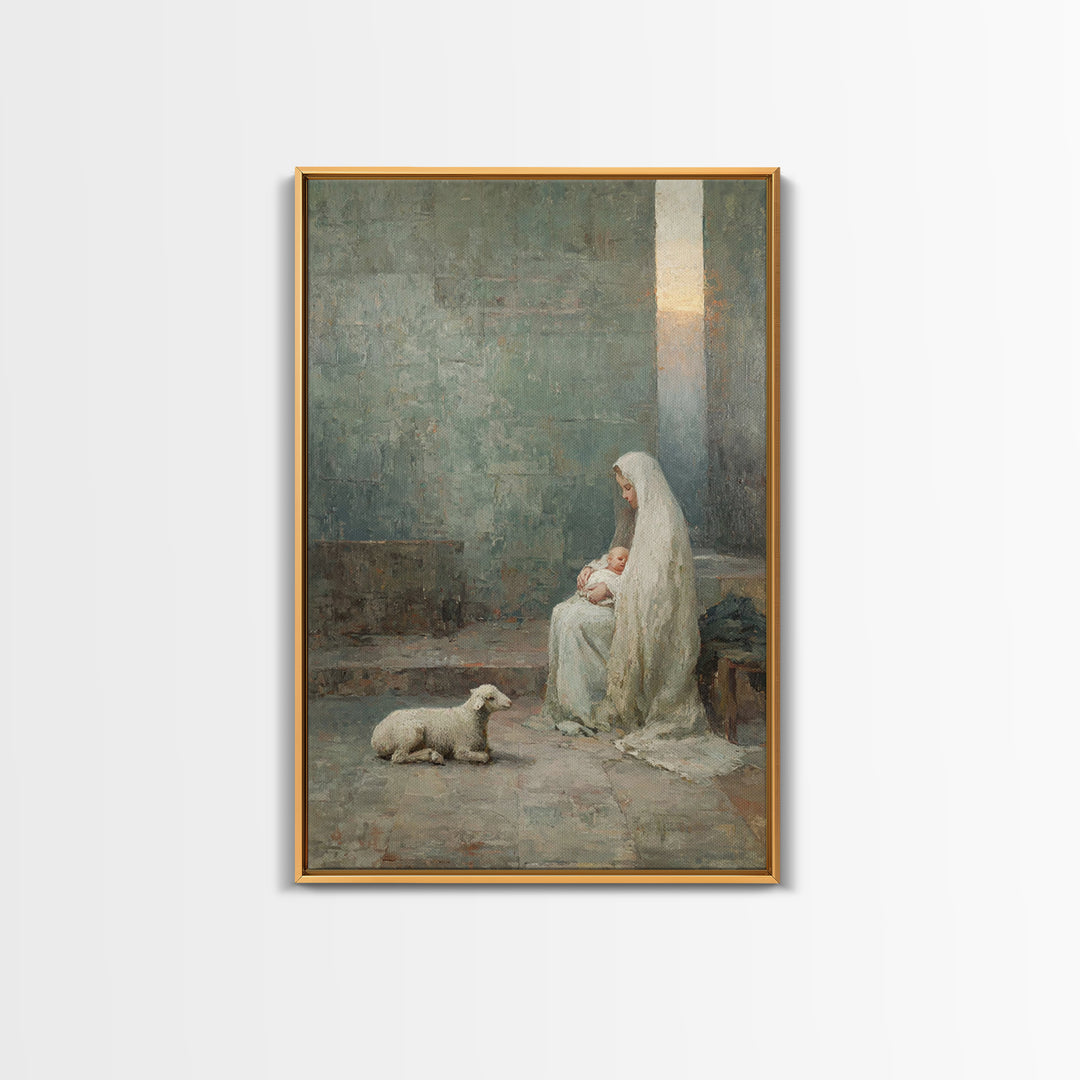 Silent Manger Grace – Framed Canvas Print – Christian Wall Art – Christian Art Canvas – Mary And Jesus Painting – Christmas Art – Christian