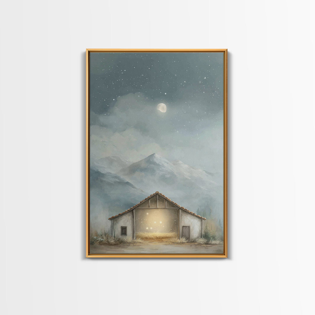 Moonlit Stable Calm | Framed Canvas Print | Christian Art Canvas | Christian Wall Art | Christmas Art | Christian Christmas Decor | Faith A