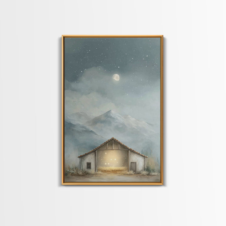 Moonlit Stable Calm | Framed Canvas Print | Christian Art Canvas | Christian Wall Art | Christmas Art | Christian Christmas Decor | Faith A