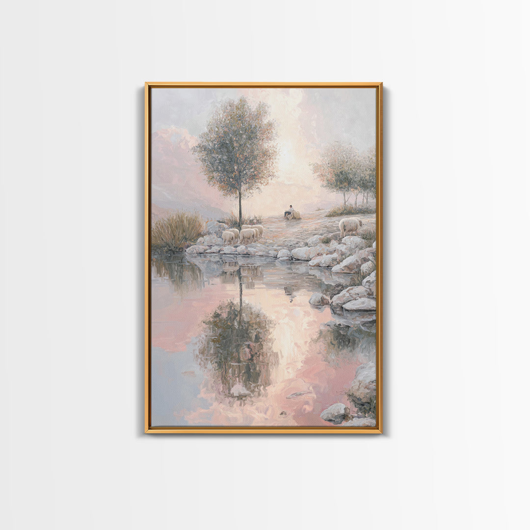 Pasture Reflections – Framed Canvas Print – Christian Wall Art – Christian Art Canvas – Moody Christian Art – Christmas Art – Christian Pai
