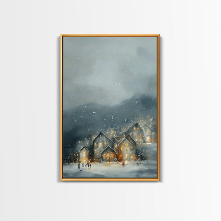 Snowy Village Light – Framed Canvas Print – Christmas Canvas Wall Art – Christian Christmas Art – Moody Christmas Art – Christian Art Canva