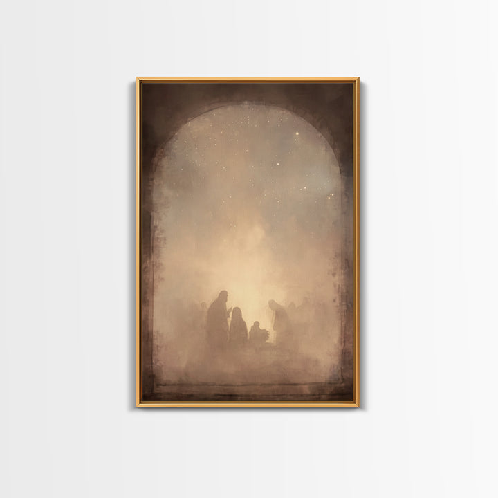 Silent Manger Glow – Framed Canvas Print – Christian Christmas Art – Christmas Canvas Wall Art – Christian Art Canvas – White Christmas Art