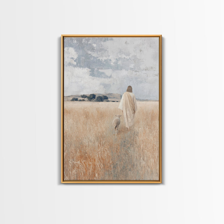 Golden Pasture Shepherd – Framed Canvas Print – Christian Art Canvas – Christian Wall Art – Jesus Painting – Christian Christmas Art – Chri