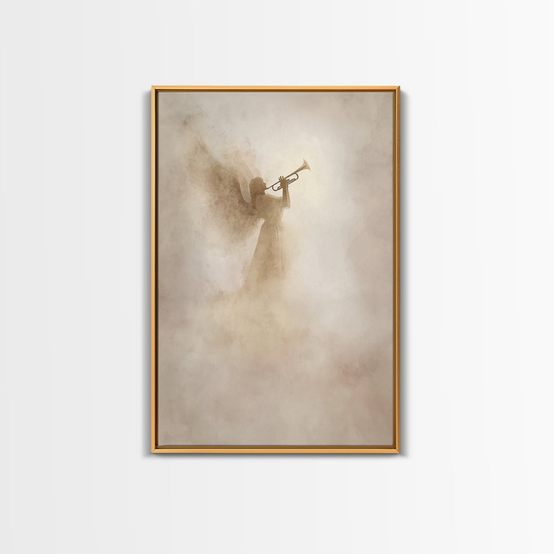 Trumpet In The Clouds – Framed Canvas Print – Christian Wall Art – Christian Art Canvas – Angel Art – Subtle Christian Art – Christian Deco