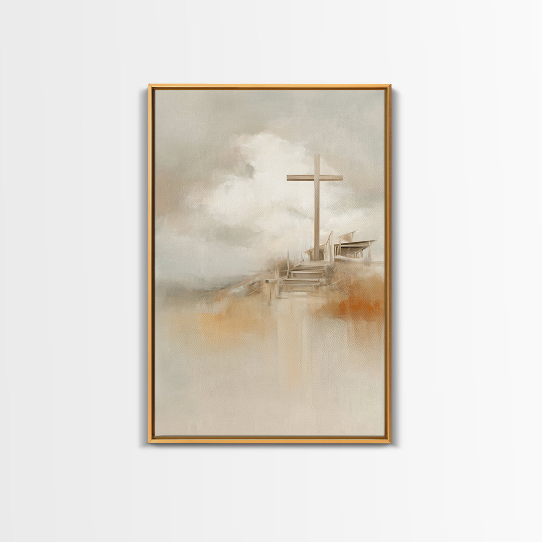 Cross On The Hill – Framed Canvas Print – Christian Wall Art – Christian Art Painting – Minimalist Christian Art – Christian Art Canvas – C