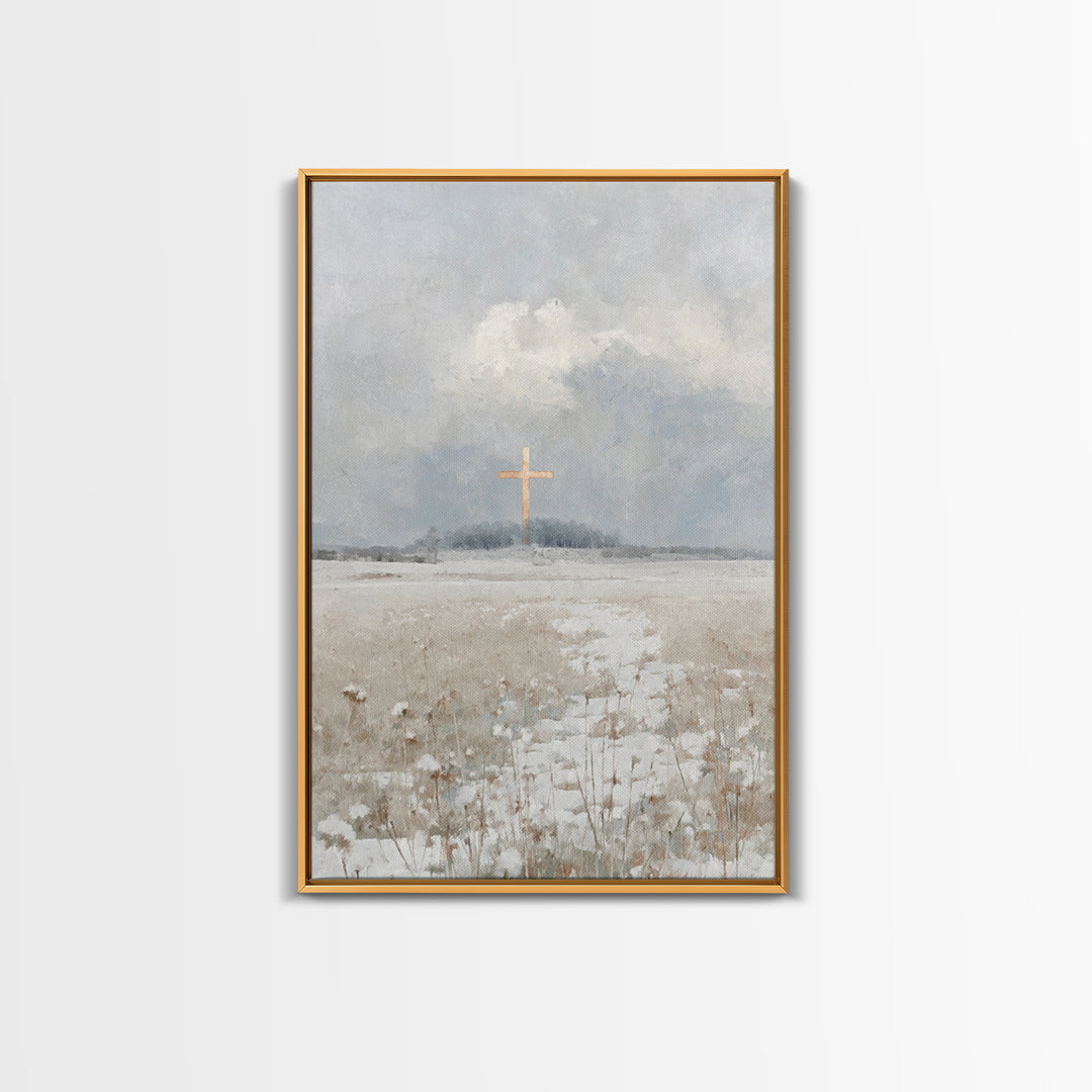 Winter Cross Peace – Framed Canvas Print – Christian Wall Art – Christian Art Work – Blue Christian Art – Christian Christmas Art – Christi