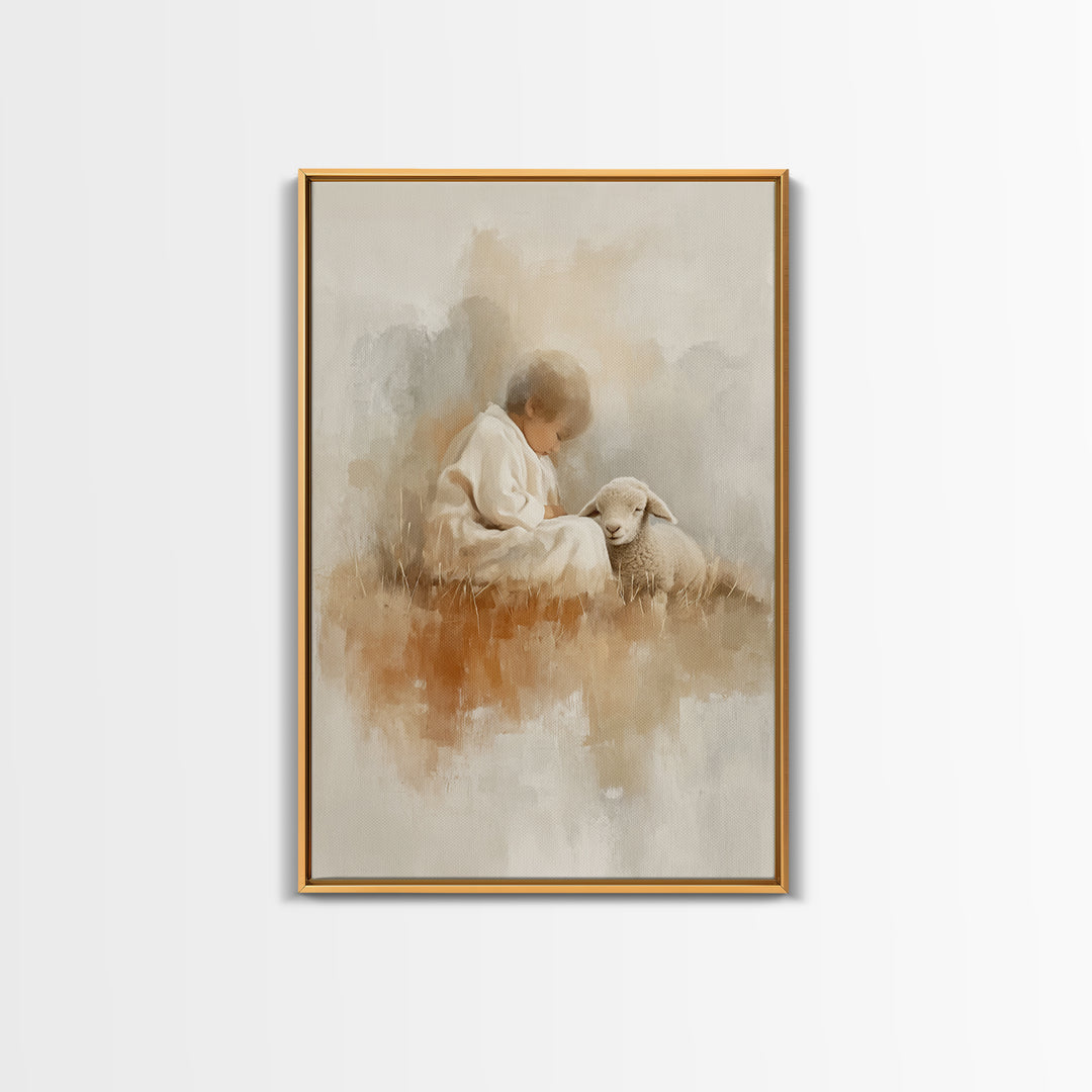 Gentle Shepherd Joy – Framed Canvas Print – Christian Art Print – Modern Christian Art – Christian Christmas Art – Jesus Painting – Christm