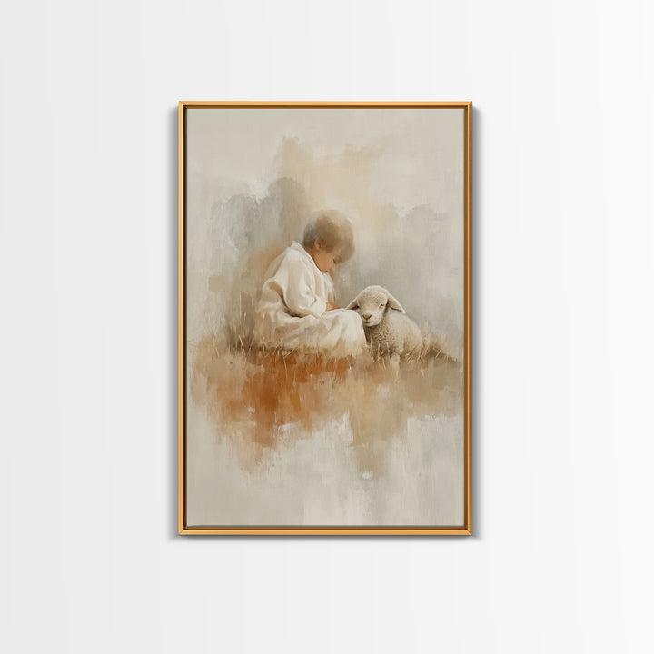 Gentle Shepherd Joy – Framed Canvas Print – Christian Art Print – Modern Christian Art – Christian Christmas Art – Jesus Painting – Christm