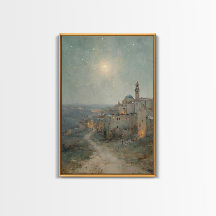 Bethlehem Nightfall, Framed Canvas Print, Christian Wall Art, Christmas Art Prints, Christian Art Canvas, Christian Christmas Art, Vintage