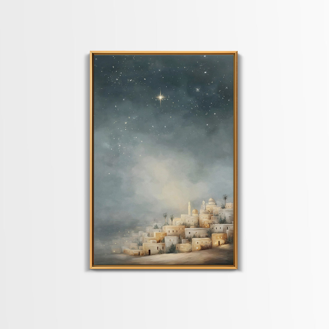 Midnight Bethlehem Glow – Framed Canvas Print – Christian Wall Art – Christmas Art Prints – Christian Christmas Art – Modern Christian Art