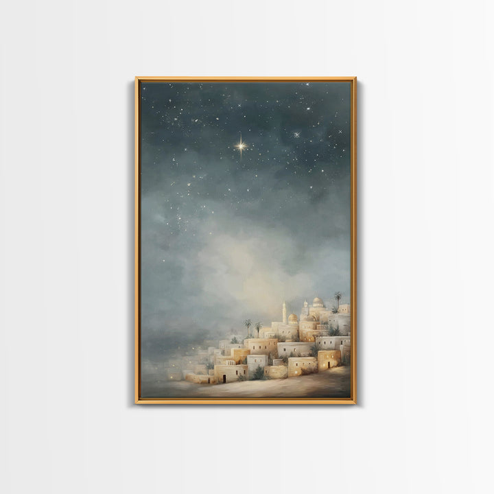 Midnight Bethlehem Glow – Framed Canvas Print – Christian Wall Art – Christmas Art Prints – Christian Christmas Art – Modern Christian Art