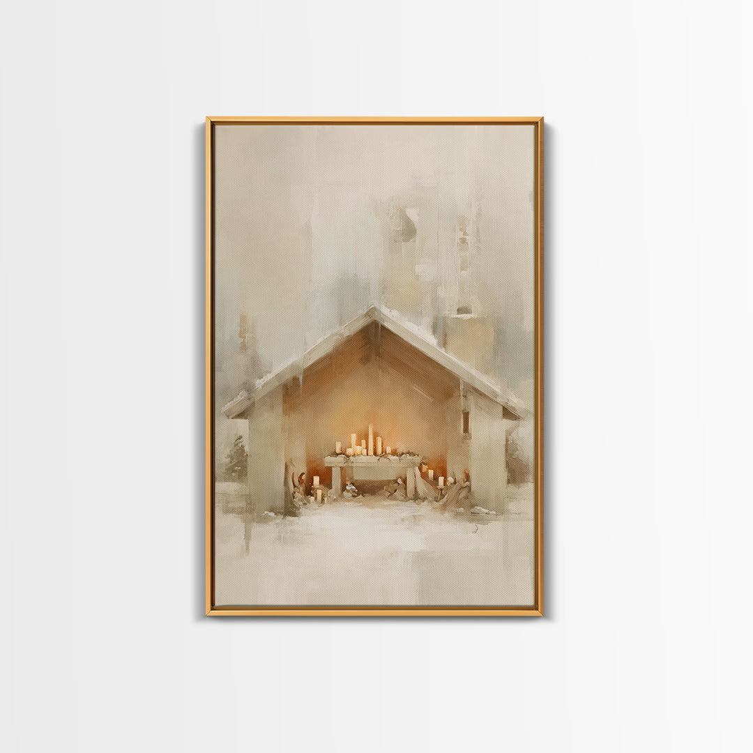 Humble Nativity Glow, Framed Canvas Print, Christmas Wall Art, Christian Art Canvas, Minimalist Christian Art, Christian Christmas Art, Sub