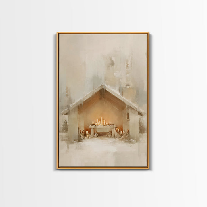 Humble Nativity Glow, Framed Canvas Print, Christmas Wall Art, Christian Art Canvas, Minimalist Christian Art, Christian Christmas Art, Sub