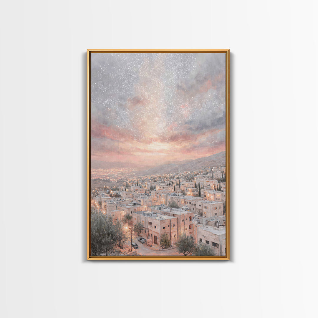 Dawn Over Bethlehem, Framed Canvas Print, Christmas Wall Art, Christian Art Print, Christian Christmas Art, Modern Christian Painting, Chri