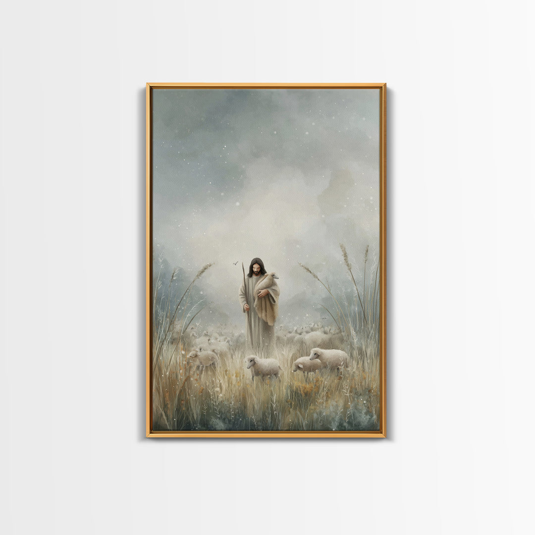 Gentle Shepherd Light – Framed Canvas Print – Jesus Painting – Christian Art Print – Christian Decor – Christian Wall Art – Minimalist Chri