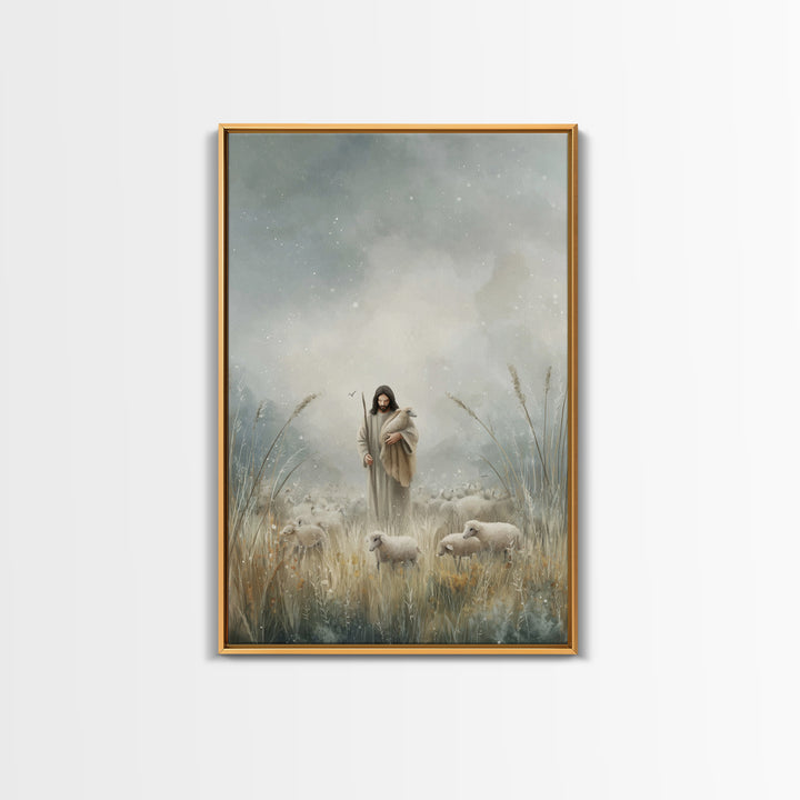 Gentle Shepherd Light – Framed Canvas Print – Jesus Painting – Christian Art Print – Christian Decor – Christian Wall Art – Minimalist Chri