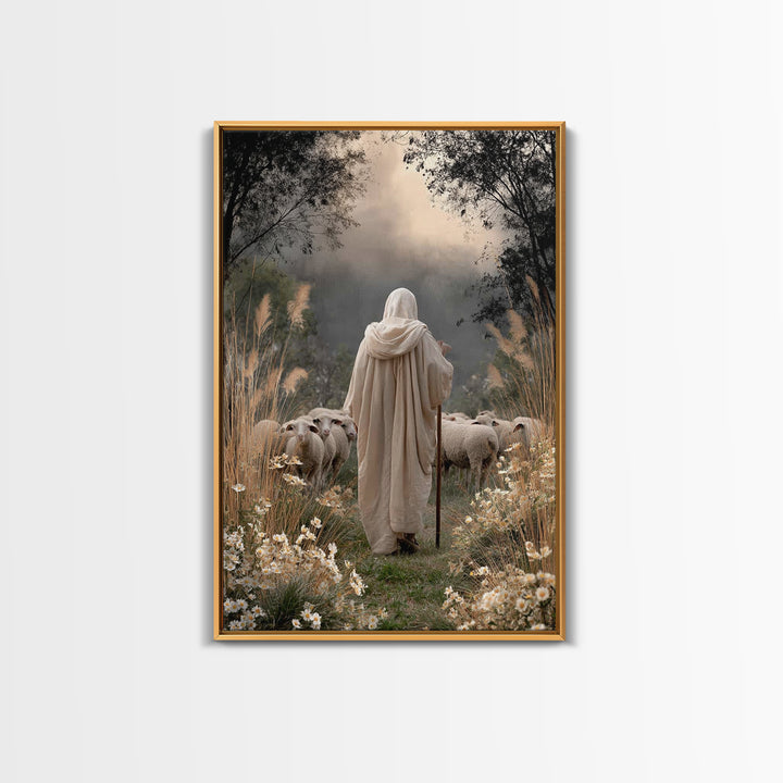 Evening Shepherd Glow – Framed Canvas Print – Christian Art Canvas – Christian Wall Art – Large Jesus Painting – Christian Decor – Modern C
