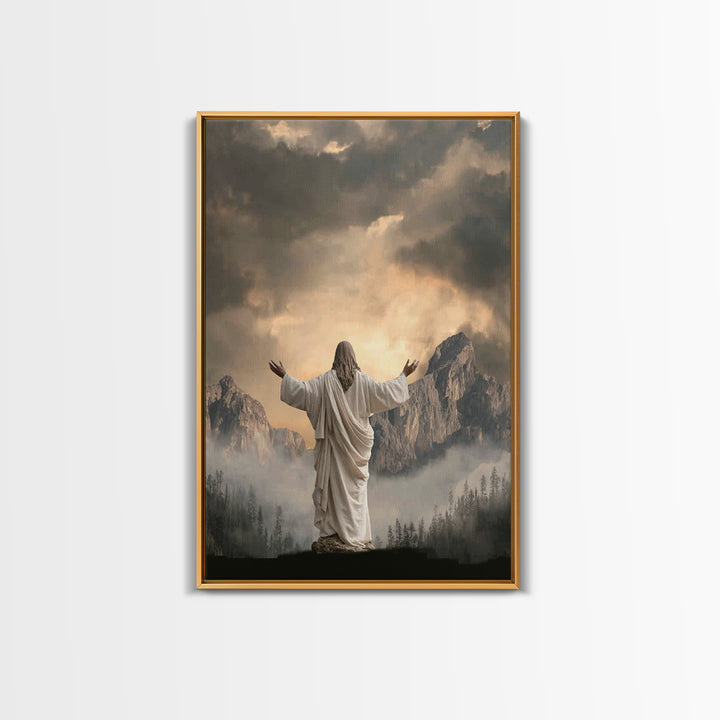 Mountain Prayer Light | Framed Canvas Print | Christian Art Canvas | Jesus Wall Art | Moody Christian Art | Large Christian Painting | Chri