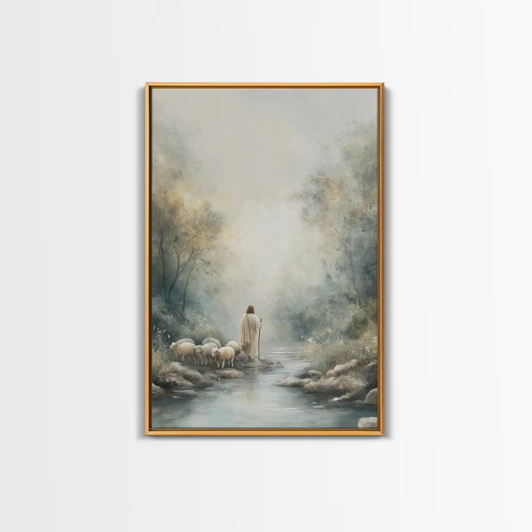 River Path Shepherd – Framed Canvas Print – Christian Art Canvas – Jesus Painting – Modern Christian Art – Christian Gift Ideas – Christian