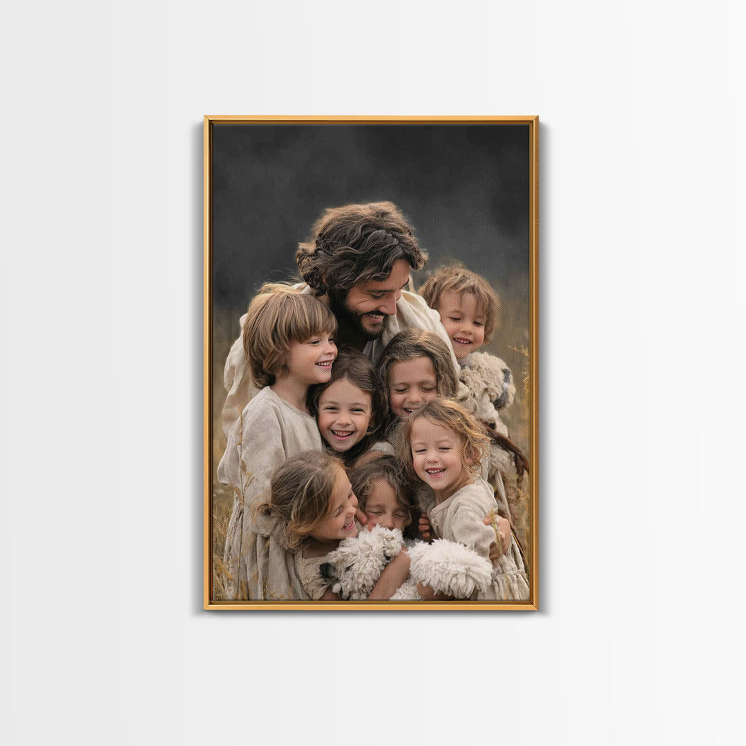 Laughter of the Lambs | Framed Canvas Print | Jesus Painting | Christian Art Canvas | Christian Wall Art | Christian Decor