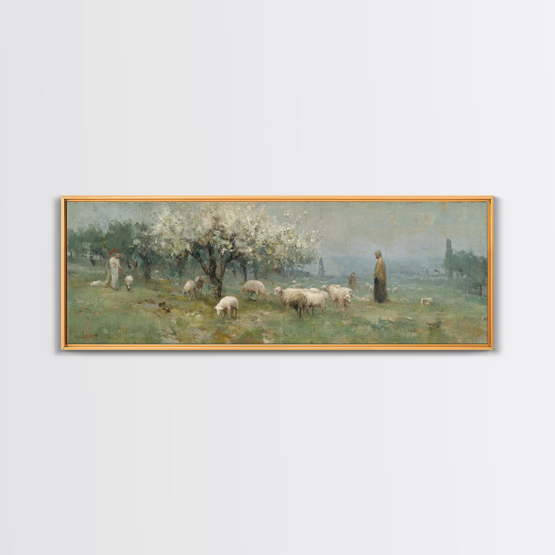 Shepherd Spring Peace – Framed Canvas Print – Christian Wall Art – Jesus Painting – Panoramic Art – Christian Art Canvas – Christmas Art